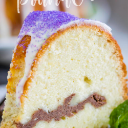 Mardi Gras Pound Cake is a cream cheese and cinnamon filled pound cake and vibrant Mardi Gras colored sugars to garnish. #poundcake #cake #MardiGras #dessert #recipe #cinnamon #creamcheese #bundt