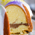 Mardi Gras Pound Cake is a cream cheese and cinnamon filled pound cake and vibrant Mardi Gras colored sugars to garnish. #poundcake #cake #MardiGras #dessert #recipe #cinnamon #creamcheese #bundt
