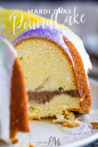 A Mardi Gras Pound Cake on a plate.