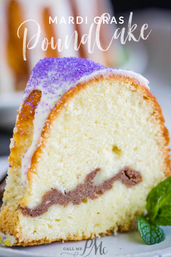 Mardi Gras Pound Cake displayed on a plate.