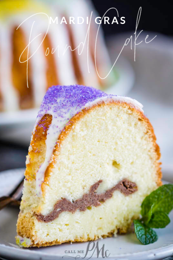 A Mardi Gras pound cake on a plate.