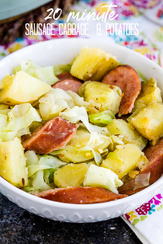 20-minute Sausage Cabbage and Potatoes, this stove-top casserole is quick and easy to make. It's a tasty recipe for busy weeknight meals for the family. #sausage #cabbage #potatoes #casserole #recipe #30minutemeal #meals #familyfavorite 20-minute Sausage Cabbage and Potatoes