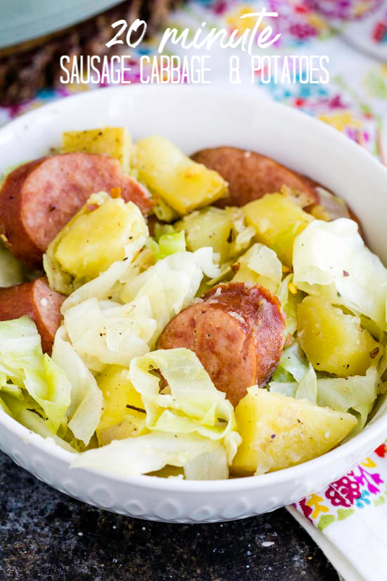 20-minute Sausage Cabbage and Potatoes, this stove-top casserole is quick and easy to make. It's a tasty recipe for busy weeknight meals for the family. #sausage #cabbage #potatoes #casserole #recipe #30minutemeal #meals #familyfavorite 20-minute Sausage Cabbage and Potatoes