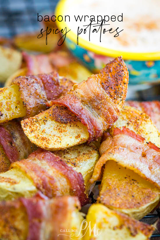 Bacon Wrapped Potato Wedges are a favorite at dinner, snack, or appetizer. This potato recipe has smokey bacon wrapped around a potato wedge that gets crispy on the outside while remaining tender inside.  #bacon #potato #easy #recipe #appetizer #sidedish #whole30 #chipotle #spicy
