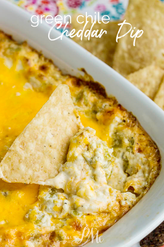 Green Chile Cheddar Dip with cream cheese, cheddar, green chiles, and spices is simple to mix together in minutes. It's then baked until hot, gooey, and bubbly. #TexMex #dip #recipe #creamcheese #greenchiles #hatch