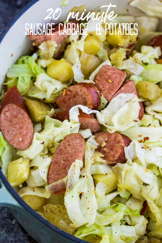 20-minute Sausage Cabbage and Potatoes, this stove-top casserole is quick and easy to make. It's a tasty recipe for busy weeknight meals for the family. #sausage #cabbage #potatoes #casserole #recipe #30minutemeal #meals #familyfavorite