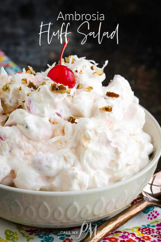 Ambrosia Fluff Salad - Light, sweet, and loaded with sweet pineapples, mandarin oranges, and cherries, this classic Southern no-bake dessert is always a crowd favorite. #fruit #salad #recipe #easy #ambrosia #fluff #coolwhip #sourcream #recipe Ambrosia Fluff Salad