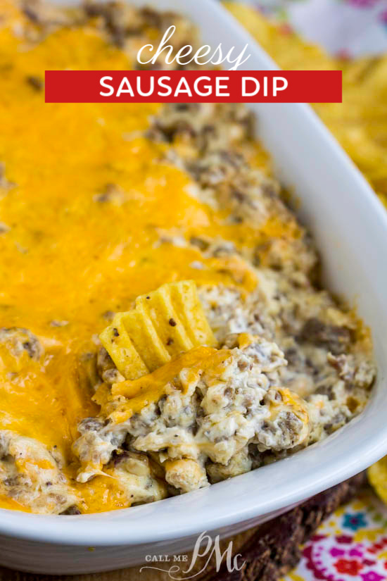 Cheesy Sausage Dip is always a crowd-pleaser and perfect for a party. This recipe is cheesy, flavorful, and totally irresistible! #cheese #cheddar #dip #sausage #party #recipe #entertaining Cheesy Sausage Dip is always a crowd-pleaser. It's cheesy, flavorful and totally irresistible!