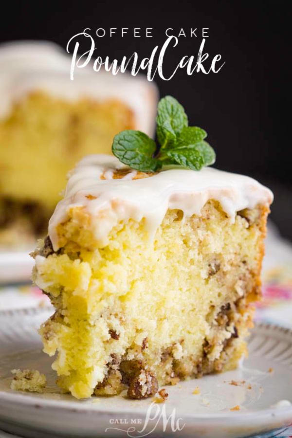 Buttery, tender and rich Coffee Cake Pound Cake Recipe has lovely cinnamon and pecan swirl inside and a simple vanilla glaze on top. #coffeecake #cake #poundcake #poundcakepaula #callmepmc #homemade #cinnamon #easy #pecans Coffee Cake Pound Cake