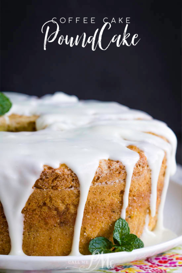 Buttery, tender and rich Coffee Cake Pound Cake Recipe has lovely cinnamon and pecan swirl inside and a simple vanilla glaze on top. #coffeecake #cake #poundcake #poundcakepaula #callmepmc #homemade #cinnamon #easy #pecans