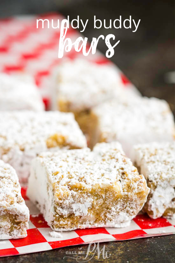 Muddy Buddy Bars Recipe is super decadent and delicious. These dessert bars require no mixer, no baking, and a great treat even if you're not 'cook'. #nocook #nobake #vanillawafers #easy #recipe #snack #bar Muddy Buddy Bars