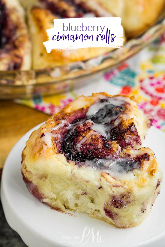 No Yeast Blueberry Cinnamon Rolls are fluffy, tender biscuit dough sweet rolls filled with blueberry jam and topped with a sweet glaze. #noyeast #biscuits #blueberries #cinnamonrolls #sweetrolls #recipe #breakfasst #dessert