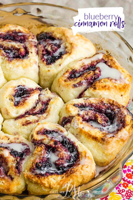 No Yeast Blueberry Cinnamon Rolls are fluffy, tender biscuit dough sweet rolls filled with blueberry jam and topped with a sweet glaze. #noyeast #biscuits #blueberries #cinnamonrolls #sweetrolls #recipe #breakfasst #dessert