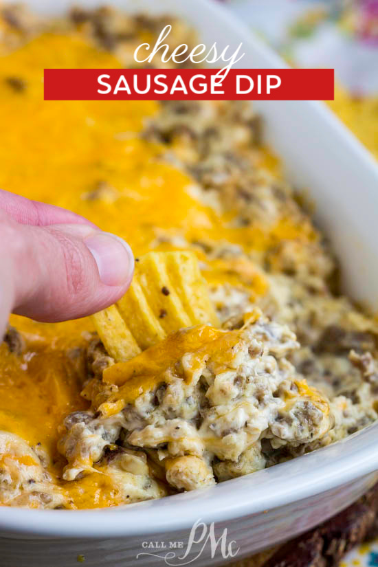 Cheesy Sausage Dip is always a crowd-pleaser and perfect for a party. This recipe is cheesy, flavorful, and totally irresistible! #cheese #cheddar #dip #sausage #party #recipe #entertaining