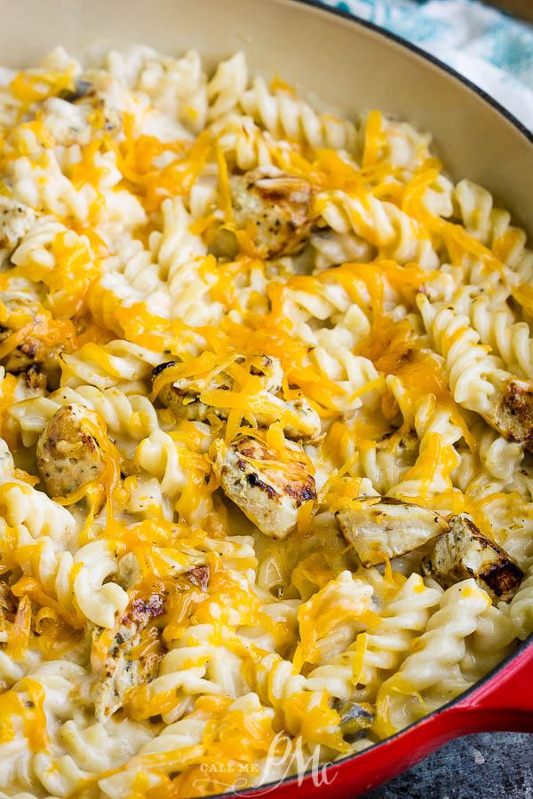 Super cheesy and creamy, Cheesy Chicken Rotini will become your new favorite, go-to weeknight recipe! #pasta #chicken #cheese #recipe #casserole Cheesy Chicken Rotini
