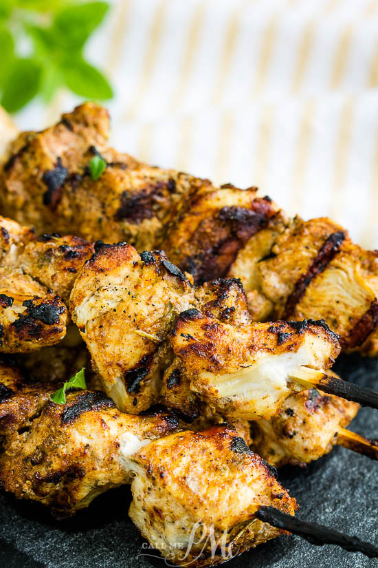 Grilled Chicken Shawarma Skewers is tender chicken breasts cut and coated in a flavorful marinade, then grilled to golden brown perfection. #chicken #grilled #shawarma #Greek #Mediterranean #kabobs #skewers 