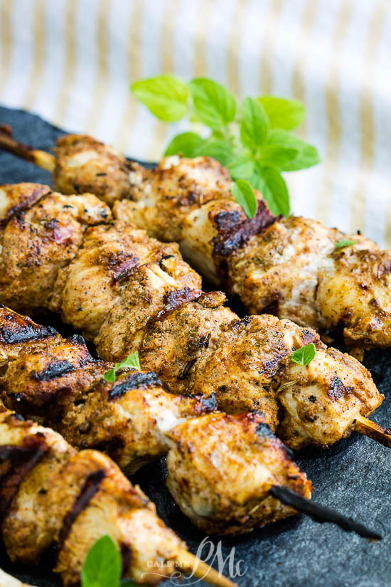Grilled Chicken Shawarma Skewers is tender chicken breasts cut and coated in a flavorful marinade, then grilled to golden brown perfection. #chicken #grilled #shawarma #Greek #Mediterranean #kabobs #skewers Grilled Chicken Shawarma Skewers