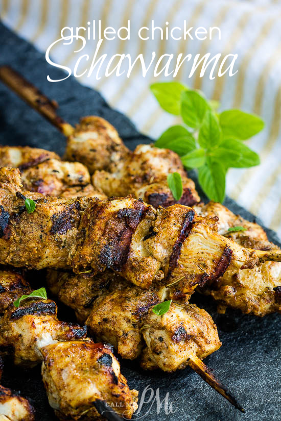 Grilled Chicken Shawarma Skewers is tender chicken breasts cut and coated in a flavorful marinade, then grilled to golden brown perfection. #chicken #grilled #shawarma #Greek #Mediterranean #kabobs #skewers 