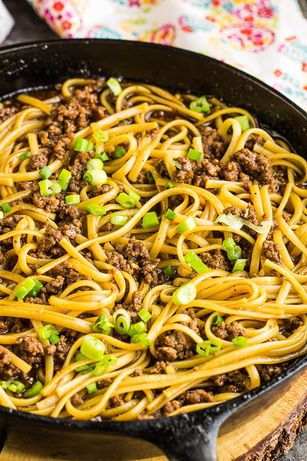 Skillet of beef and linguine with green onions Ground Beef Mongolian Noodles