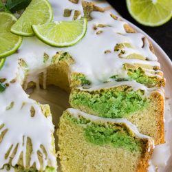 Key Lime Coconut Marbled Pound Cake with Jello is an easy & refreshing cake with plenty of zippy lime and coconut flavor. #coconut #lime #poundcake #cake #dessert #poundcakepaula #recipes #moist #homemade #bundt