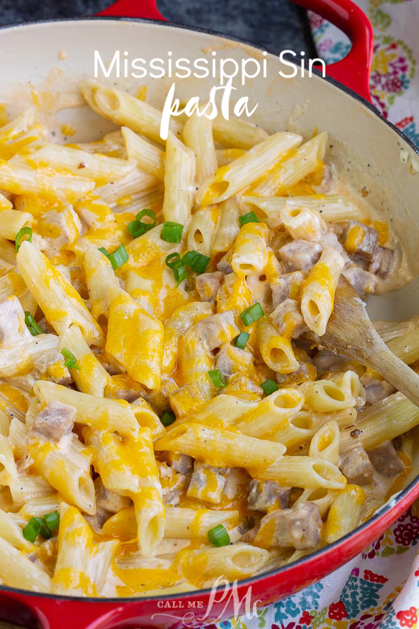 Extra creamy, wildly delicious, and super easy is this Mississippi Sin Pasta recipe is the ultimate comfort food. #pasta #ham #cheese #recipe #MSsindip #MississippiSinDipPasta Mississippi Sin Pasta