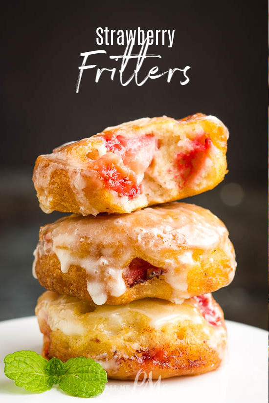 Highly addictive, Glazed Strawberry Fritters are crispy on the outside while being soft, fluffy, and loaded with strawberries on the inside. #recipe #fritters #strawberry #donut #doughnut #recipe #dessert #breakfast #homemade