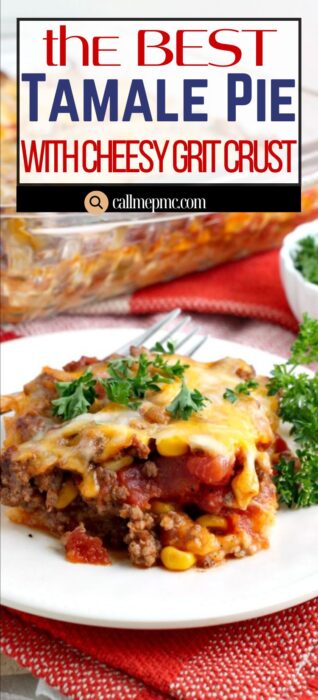 A serving of Tamale Pie topped with melted cheese, ground beef, corn, and parsley sits on a white plate with a red napkin; a casserole dish with more Tamale Pie is in the background.