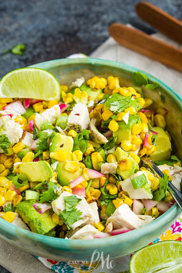 Avocado Chicken Salad Recipe is a hearty mix of grilled chicken, avocado, corn, onions, cilantro, and lime juice. #avocado #chicken #salad #chickensalad #recipe #food #eat #easy #lunch #dinner #picnic