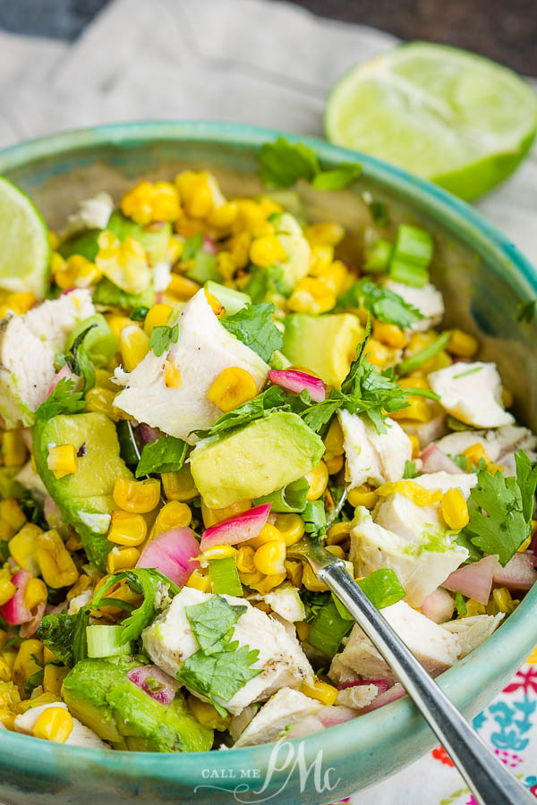 Avocado Chicken Salad Recipe is a hearty mix of grilled chicken, avocado, corn, onions, cilantro, and lime juice. #avocado #chicken #salad #chickensalad #recipe #food #eat #easy #lunch #dinner #picnic Avocado Chicken Salad