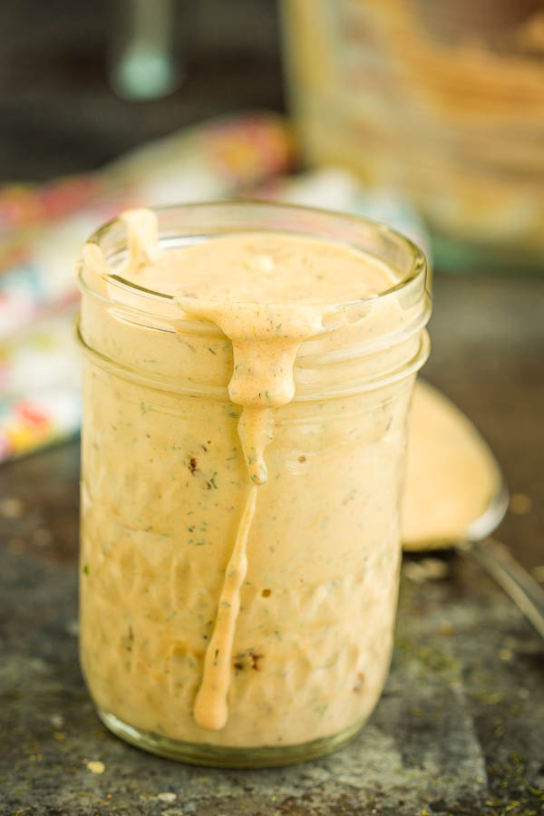 Moe's Chipotle Ranch Dressing in a jar on a table