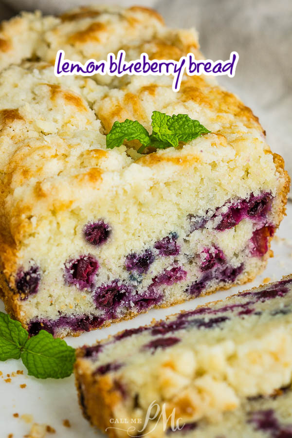 has a bright lemon flavor and is soft, moist, loaded with blueberries, and topped with the best crumb topping! #blueberry #bread #dessert #crumbtopping #streusel #baking #recipe #callmepmc