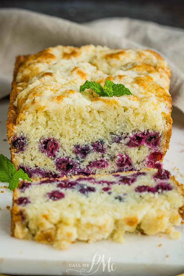 Lemon Blueberry Streusel Bread has a bright lemon flavor and is soft, moist, loaded with blueberries, and topped with the best crumb topping! #blueberry #bread #dessert #crumbtopping #streusel #baking #recipe #callmepmc