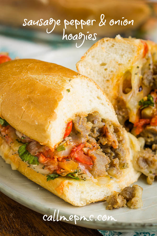 Sausage Pepper Onion Hoagies a delicious, hearty 30-minute meal! Italian sausage, onions, peppers, tomato sauce, and lots of mozzarella make this sandwich a family favorite. #sausage #sandwich #Italian #hoagie #pizza #pizzasandwich #pizzahoagie #pepeprs #onions #Italiansausage #easy #20minute #recipe #marinara