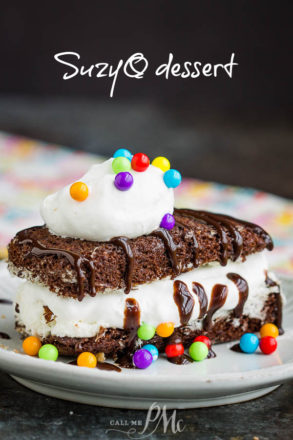 SuzyQ Dessert Stack Recipe is an ice cream treat that starts with a pre-made chocolate cake then layered with ice cream and chocolate. #dessert #chocolate #Hostess #snackcake #callmepmc SuzyQ Dessert Stack