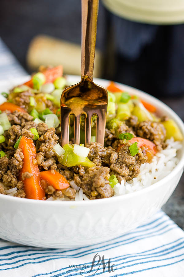Asian meal with rice, turkey, broccoli, and carrots Ground Beef Teriyaki Bowl