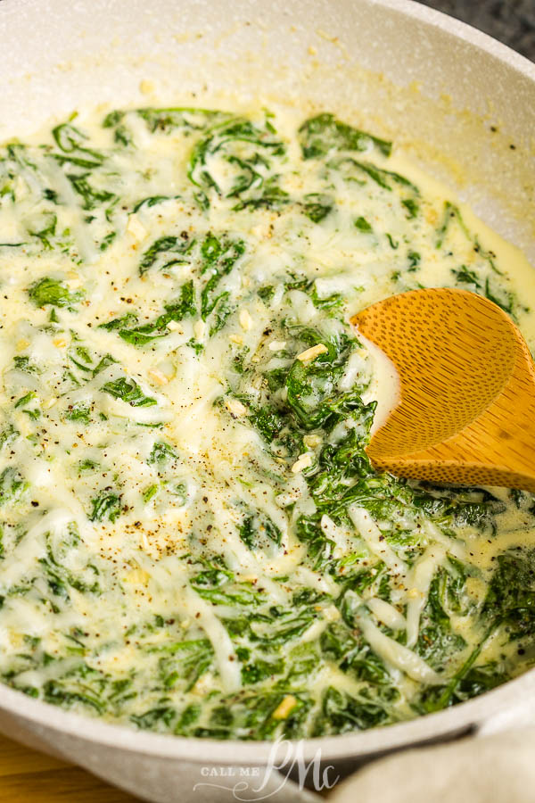 Keto Creamed Spinach for Two is quick, easy, & healthy recipe. This classic steakhouse side is probably the tastiest way to eat spinach! #spinach #recipe #sidedish #keto #lowcarb #easy #callmepmc