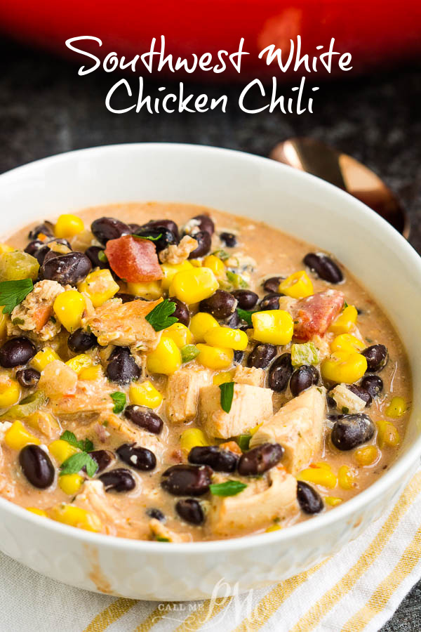 Southwest Creamy White Chicken Chili (stovetop & slow cooker method) is a cozy, satisfying, healthy meal of pure comfort. #soup #chili #chickenchili #whitechili #recipe #comfortfood #easy #Southwest #TexMex 
