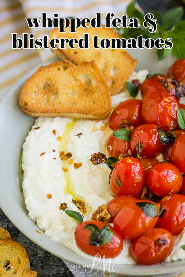 Bowl full of dip and tomatoes Whipped Feta with Blistered Tomatoes