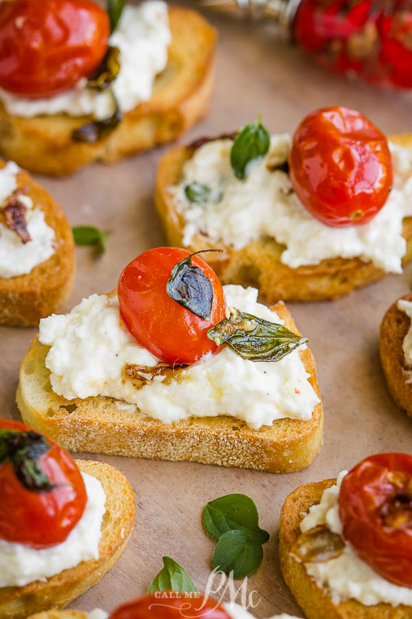 Whipped Ricotta and Blistered Tomato Bruschetta make a simple and satisfying appetizer any time of year! Char-grilled french bread topped with whipped ricotta and tomatoes makes for a delicious bite. #recipe #appetizer #recipeoftheday #callmepmc