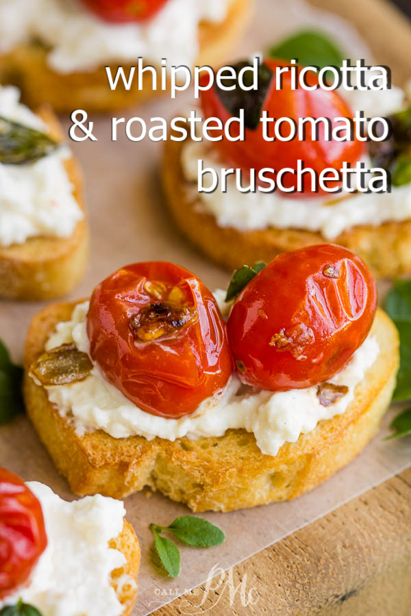 Whipped Ricotta and Blistered Tomato Bruschetta make a simple and satisfying appetizer any time of year! Char-grilled french bread topped with whipped ricotta and tomatoes makes for a delicious bite. #recipe #appetizer #recipeoftheday #callmepmc