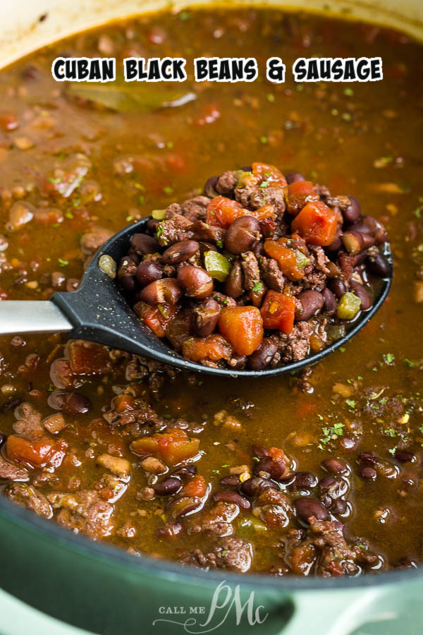 pot of black beans with spoonful of beans Cuban Black Beans and Sausage