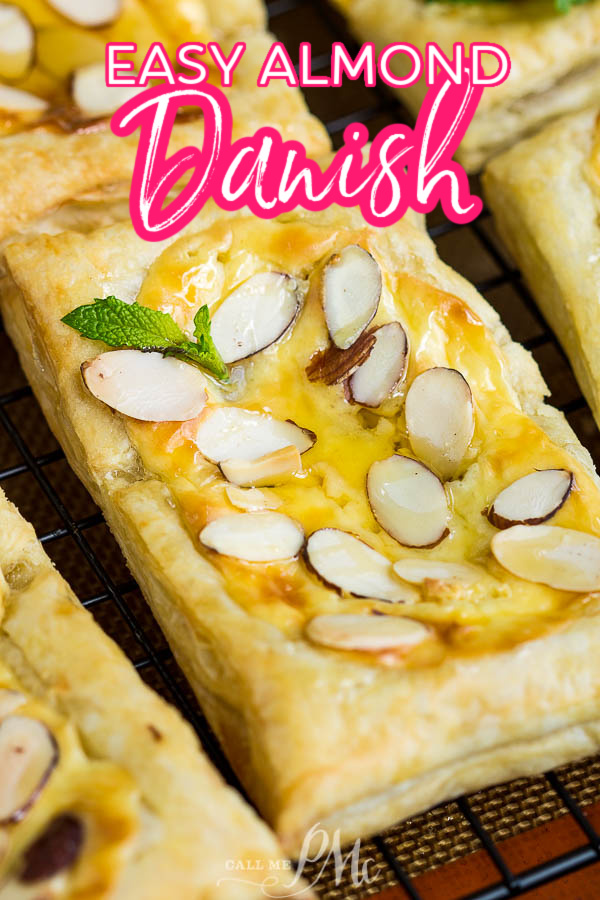 Almond Puff Pastry Danish takes advantage of premade puff pastry for the no-fail pastry base that's filled with a cream cheese honey mixture and topped with almond slivers. #puffpastry #danish #recipe #breakfast #brunch #dessert #almond #baked #homemade #semihomemade Almond Puff Pastry Danish