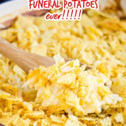 Hashbrown Potato Casserole No Cream Soup, this particular recipe is also known as Funeral Potatoes. It's creamy, rich, and super easy to put together. #casserole #hashbrown #potatoes #funeralpotatoes #cheese #recipe #easy #holidays #potluckrecipe #potluck