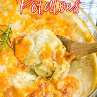 Classically delicious, Scalloped Potatoes with Cheddar, has tender buttery potatoes in a white sauce and topped with cheddar. #potatoes #cheese #casserole #sidedish #recipe #easy