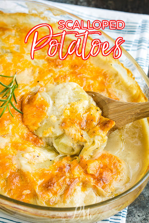 Classically delicious, Scalloped Potatoes with Cheddar, has tender buttery potatoes in a white sauce and topped with cheddar. #potatoes #cheese #casserole #sidedish #recipe #easy 