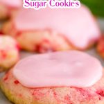 Frosted Amish Cherry Sugar Cookies are crispy around the edges yet pillowy soft and chewy inside. They get their pink color, great flavor, and soft texture from maraschino cherries. #cookies #cherrycookies #shirleytemple #shirleytemplecookies #homemade #recipes #dessert #Christmascookies