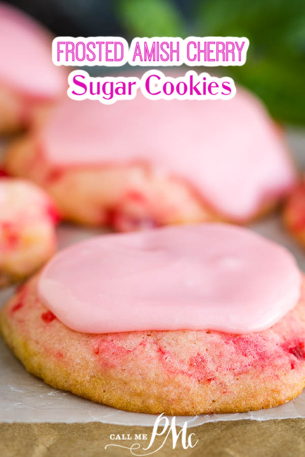 Frosted Amish Cherry Sugar Cookies are crispy around the edges yet pillowy soft and chewy inside. They get their pink color, great flavor, and soft texture from maraschino cherries. #cookies #cherrycookies #shirleytemple #shirleytemplecookies #homemade #recipes #dessert #Christmascookies 