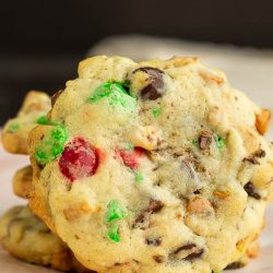 Loaded Cupboard Cookies - This recipe yields soft, chewy, crispy cookies that are loaded with your favorite candy from cupboard & pantry. #cookies #dessert #recipe #Christmas #cookieexchange #cookietray #chocolatechips