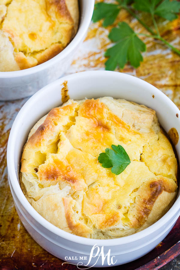 Deliciously light & fluffy, Panera Bread 4 Cheese Souffle Recipe is surprisingly easy to make for special occasions any time of year! #souffle #eggsouffle #eggs #quiche #copycatrecipe #recipe #breakfast #brunch 