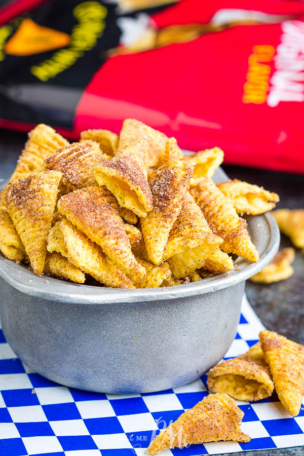 Easy Churro Bugles Recipe - These churros are a sugary delight! It takes just four ingredients and 15 minutes to make this easy snack! #recipe #churros #cinnamon #sugar #snack #recipe Easy Churro Bugles